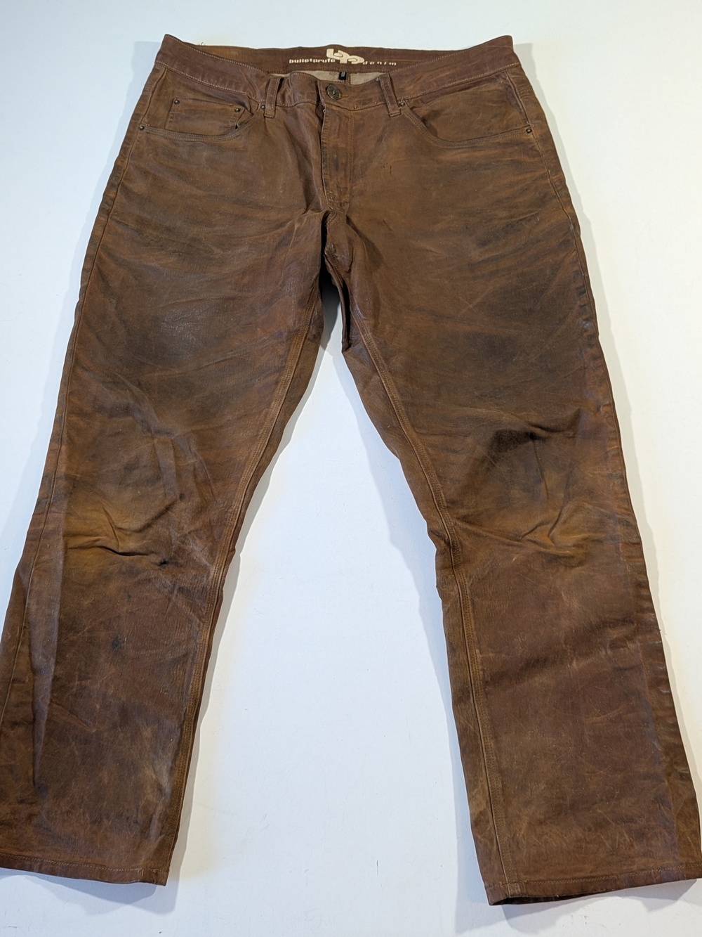 bulletprufe Waxed Denim Brown Jeans Distressed Patina Size 36
